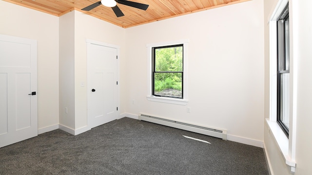 48 Harmony Row, Bethel, ME 04217 - unfurnished bedroom with a baseboard radiator, wood ceiling, dark carpet, and a ceiling fan
