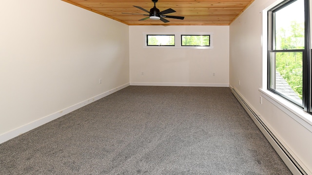 48 Harmony Row, Bethel, ME 04217 - carpeted spare room with wooden ceiling, baseboard heating, plenty of natural light, and ceiling fan