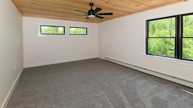 48 Harmony Row, Bethel, ME 04217 - carpeted spare room with a baseboard radiator, wood ceiling, plenty of natural light, and a ceiling fan