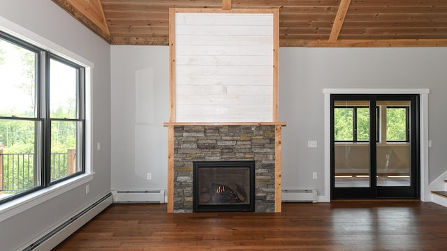 48 Harmony Row, Bethel, ME 04217 - unfurnished living room featuring a baseboard radiator, wood ceiling, wood finished floors, and a fireplace