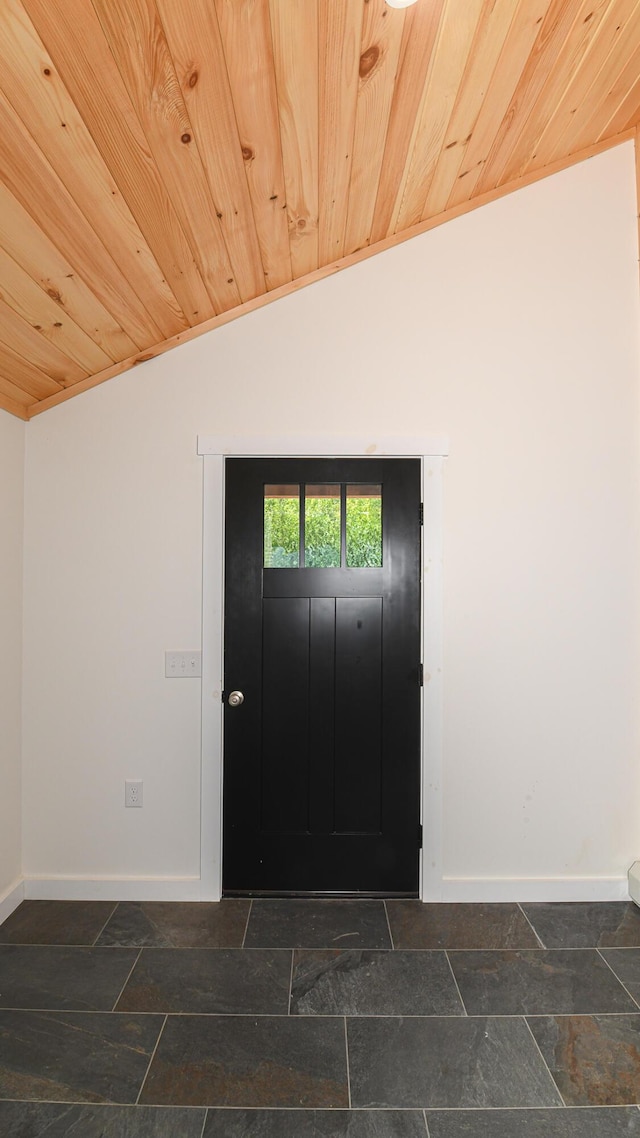 48 Harmony Row, Bethel, ME 04217 - entryway featuring lofted ceiling, wooden ceiling, and dark stone finish floors