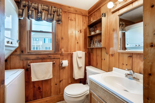 bathroom with wood walls and toilet