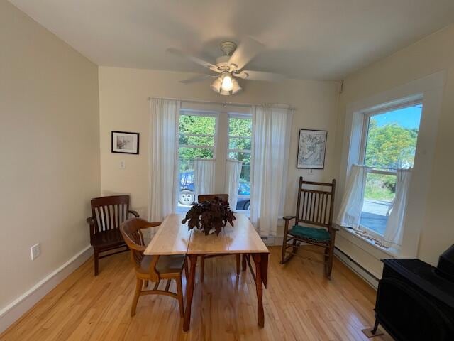 dining area featuring ceiling fan and light hardwood / wood-style flooring