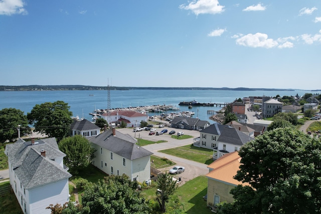 drone / aerial view with a water view