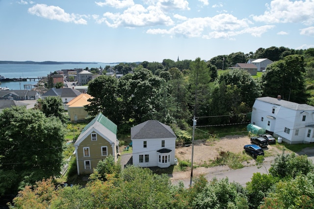 drone / aerial view with a water view