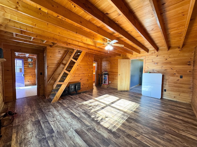 139 Lake Rd, Robbinston, ME 04671 - unfurnished living room featuring beam ceiling, wood finished floors, wood walls, a wood stove, and wooden ceiling