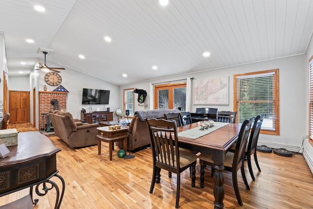 dining room featuring ceiling fan, lofted ceiling, light hardwood / wood-style flooring, and wooden ceiling