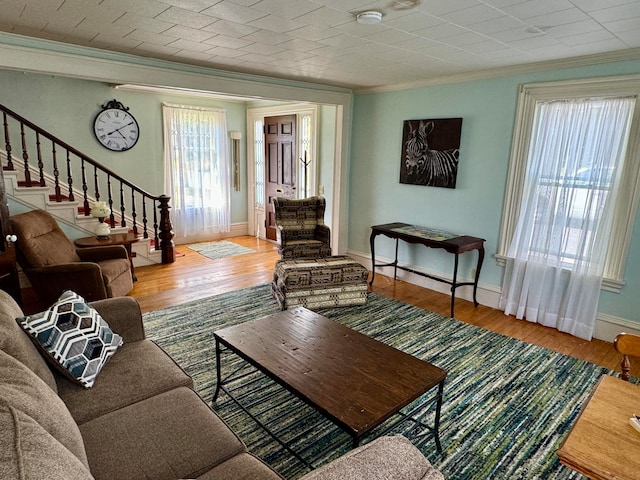 living room featuring crown molding, plenty of natural light, and hardwood / wood-style flooring