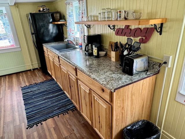 kitchen with wood walls, black refrigerator, dark hardwood / wood-style floors, and sink