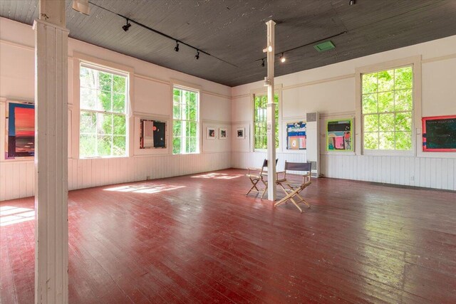 empty room featuring track lighting, dark hardwood / wood-style floors, and ornate columns