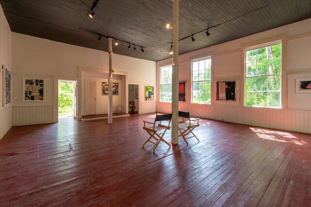 interior space featuring track lighting, dark hardwood / wood-style floors, and a high ceiling