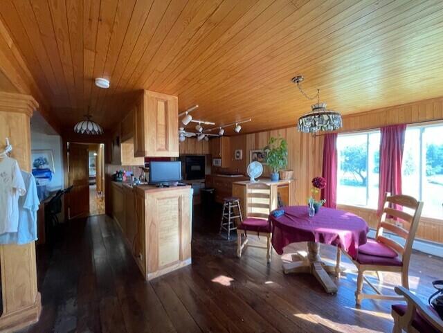 kitchen featuring wood ceiling, dark wood-type flooring, wood walls, and track lighting