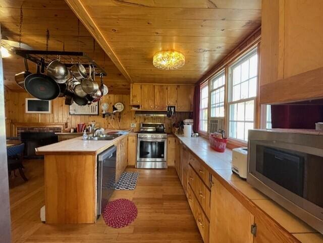 kitchen with wood ceiling, wood walls, stainless steel appliances, and light hardwood / wood-style floors