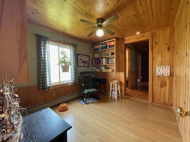 interior space with wood walls and light hardwood / wood-style floors