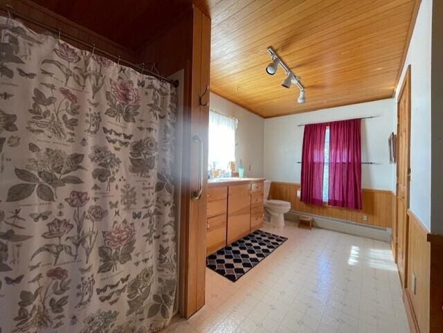 bathroom with vanity, wood ceiling, tile patterned flooring, toilet, and rail lighting