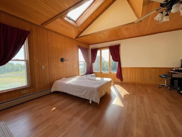 bedroom with wood ceiling, ceiling fan, and hardwood / wood-style floors