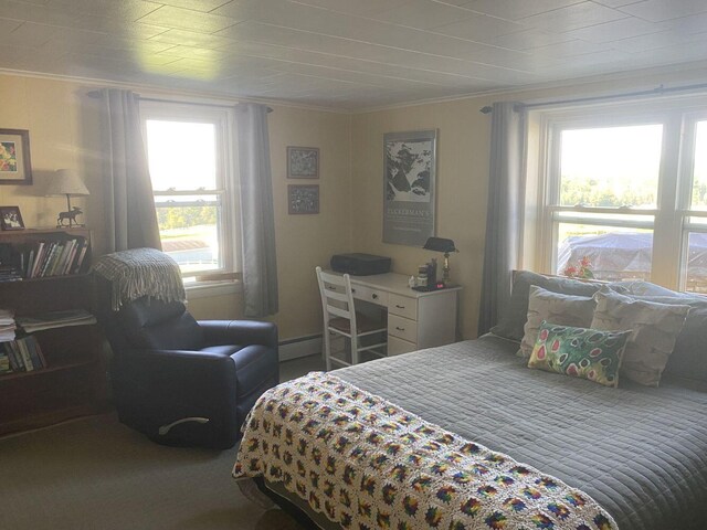 carpeted bedroom featuring a baseboard heating unit and ornamental molding