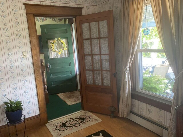 entryway featuring a baseboard heating unit, wood-type flooring, and a healthy amount of sunlight