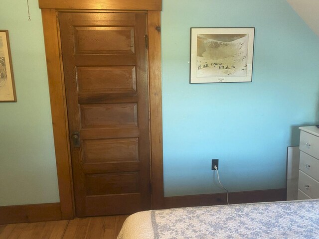 bedroom featuring lofted ceiling and wood-type flooring