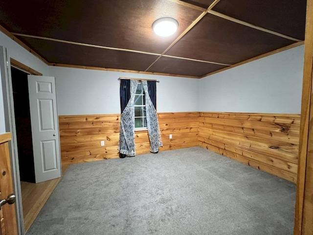 unfurnished room featuring wood walls and carpet floors