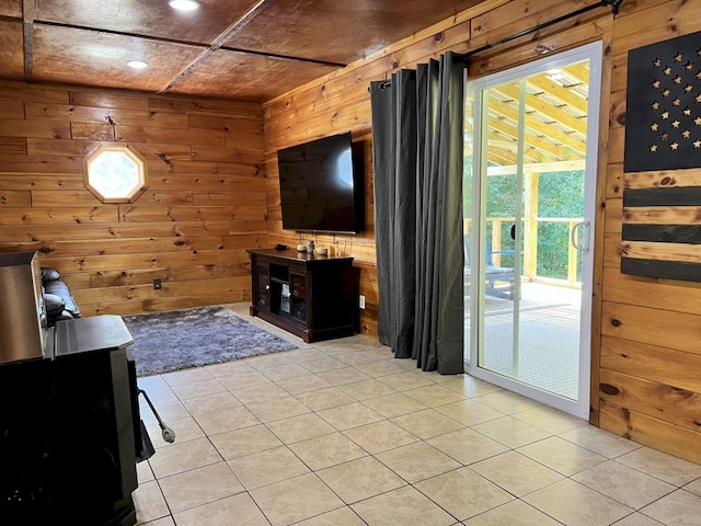 tiled living room with wooden walls