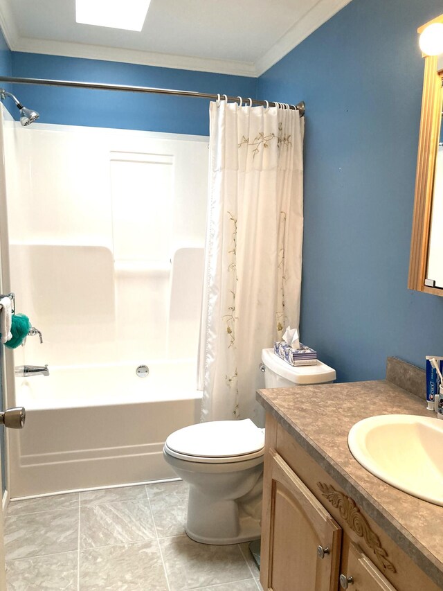 full bathroom with vanity, ornamental molding, toilet, and shower / tub combo with curtain