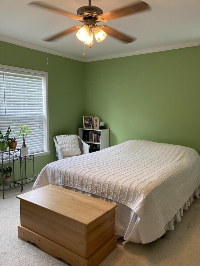 bedroom featuring ornamental molding, ceiling fan, and carpet flooring