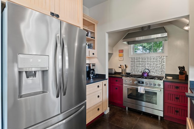 kitchen featuring ventilation hood, decorative backsplash, light brown cabinetry, and appliances with stainless steel finishes