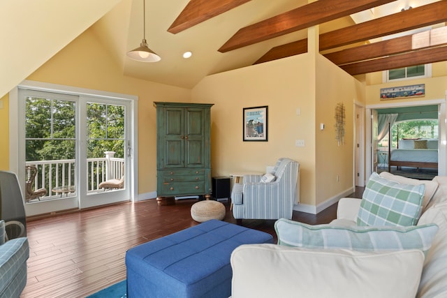 living room featuring beam ceiling, a skylight, dark hardwood / wood-style flooring, and high vaulted ceiling