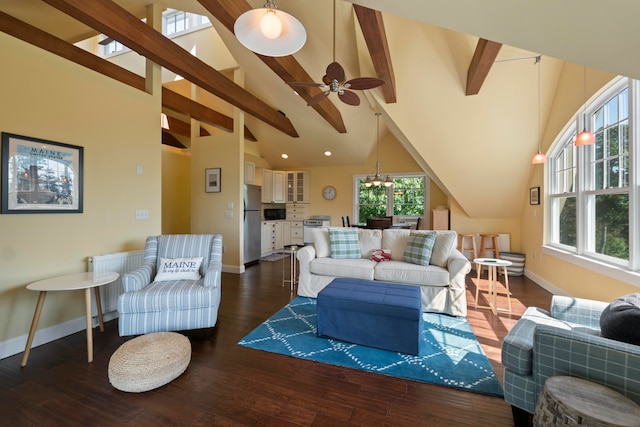 living room with ceiling fan, beamed ceiling, dark wood-type flooring, and high vaulted ceiling