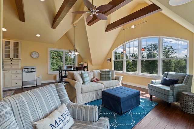 living room featuring ceiling fan, dark hardwood / wood-style flooring, beamed ceiling, and high vaulted ceiling