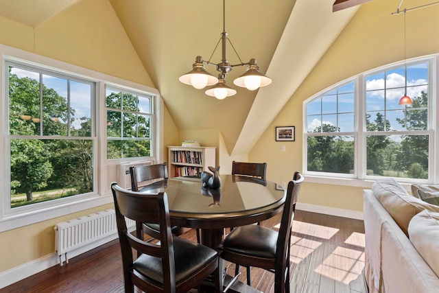 dining area featuring dark hardwood / wood-style flooring, radiator heating unit, lofted ceiling, and a notable chandelier