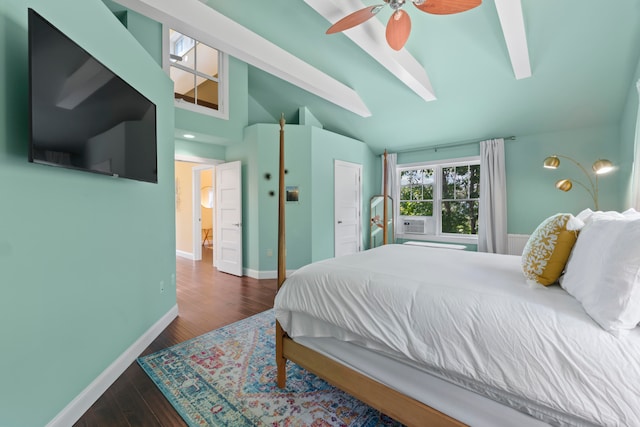 bedroom with ceiling fan, high vaulted ceiling, and dark hardwood / wood-style floors