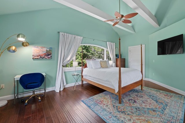 bedroom with vaulted ceiling with beams, ceiling fan, and hardwood / wood-style flooring