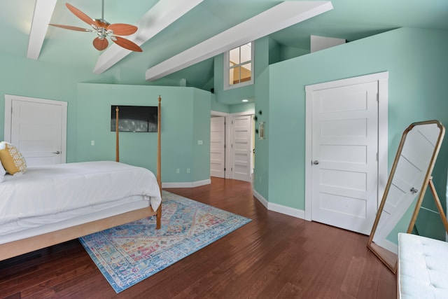 bedroom featuring hardwood / wood-style floors, high vaulted ceiling, ceiling fan, and beam ceiling