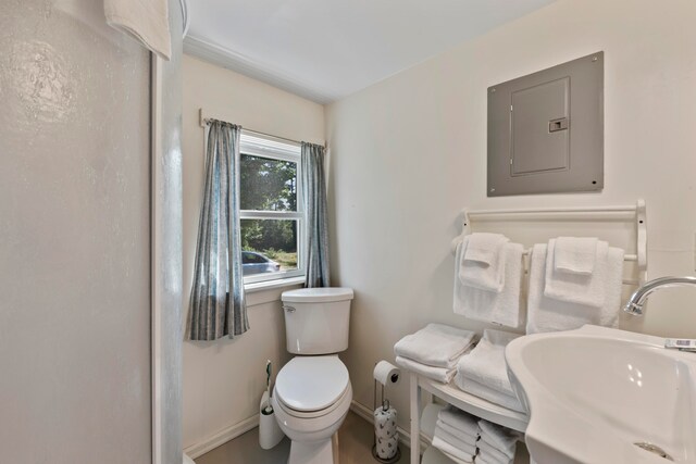 bathroom with toilet, sink, and electric panel