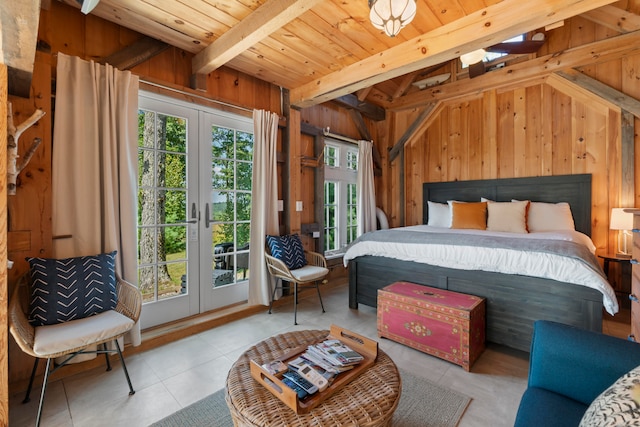 tiled bedroom featuring french doors, wood ceiling, and wood walls