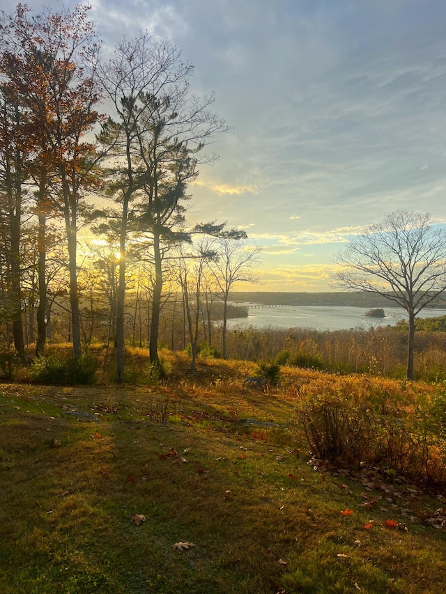 nature at dusk featuring a water view