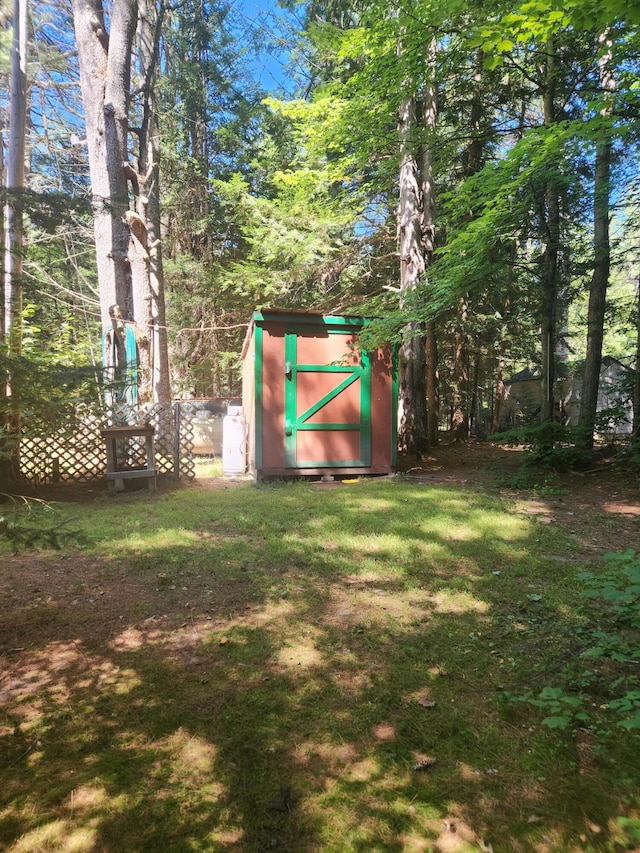 view of yard with a storage shed