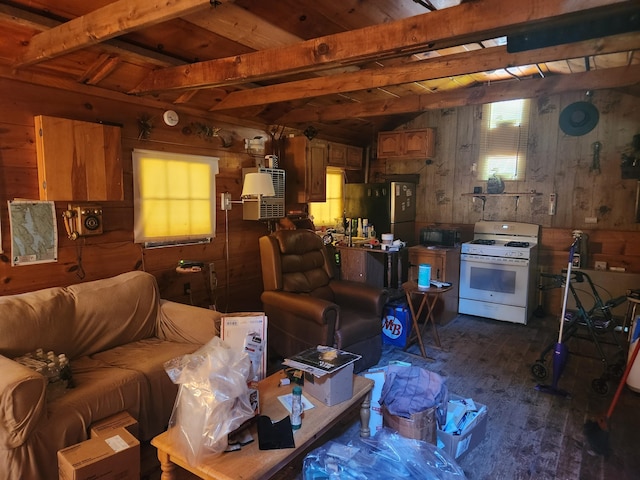 living room with wood ceiling, wood walls, and beam ceiling