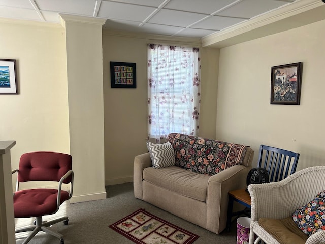 carpeted living room featuring crown molding