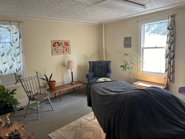 carpeted bedroom with cooling unit and ornamental molding