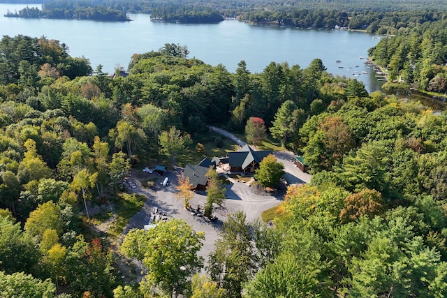 drone / aerial view featuring a water view and a forest view
