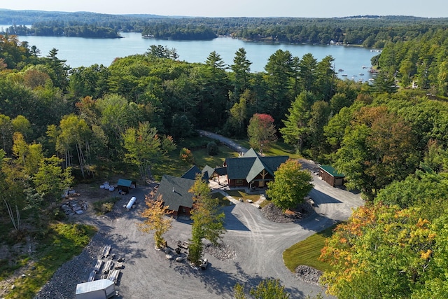 birds eye view of property with a water view and a view of trees