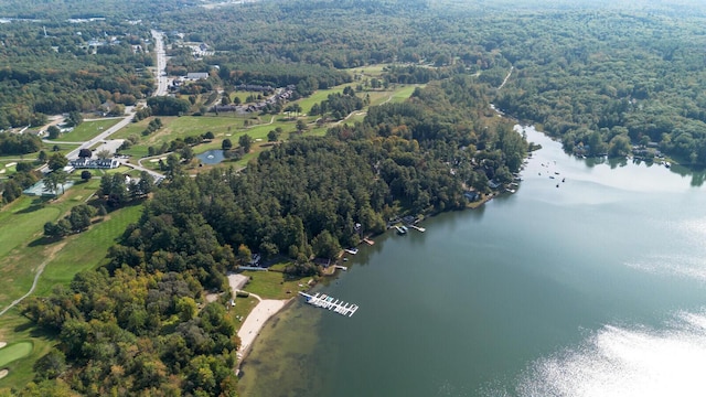 drone / aerial view with a water view and a forest view