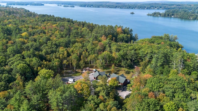 bird's eye view featuring a wooded view and a water view