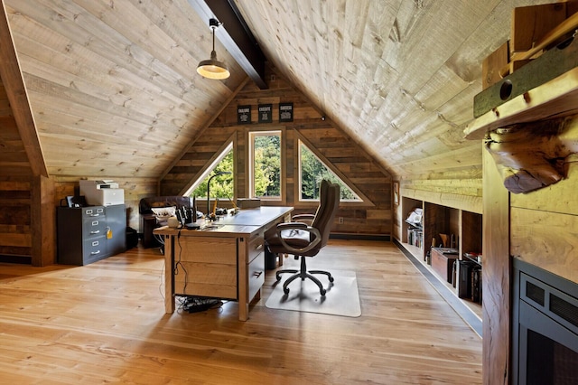 office featuring vaulted ceiling with beams, light wood finished floors, wooden ceiling, and wood walls