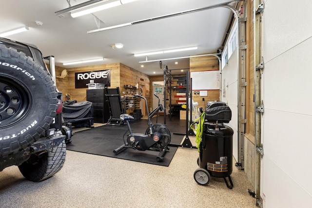 garage with wood walls