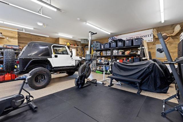 garage with wood walls