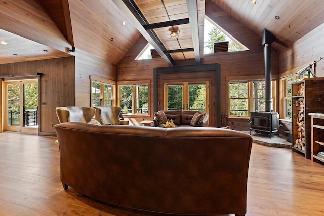living room with a wood stove, a healthy amount of sunlight, wood walls, and wood ceiling